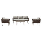 Four Piece Gray and Taupe Metal Upholstered Cushions Sofa Seating Group With Table