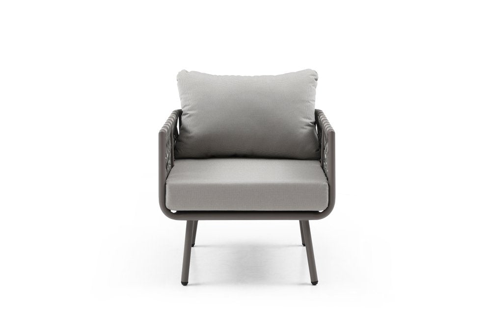 Four Piece Gray and Taupe Metal Upholstered Cushions Sofa Seating Group With Table
