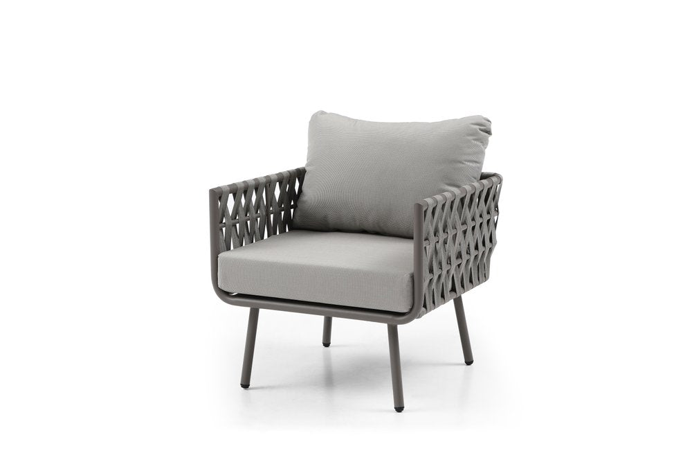 Four Piece Gray and Taupe Metal Upholstered Cushions Sofa Seating Group With Table