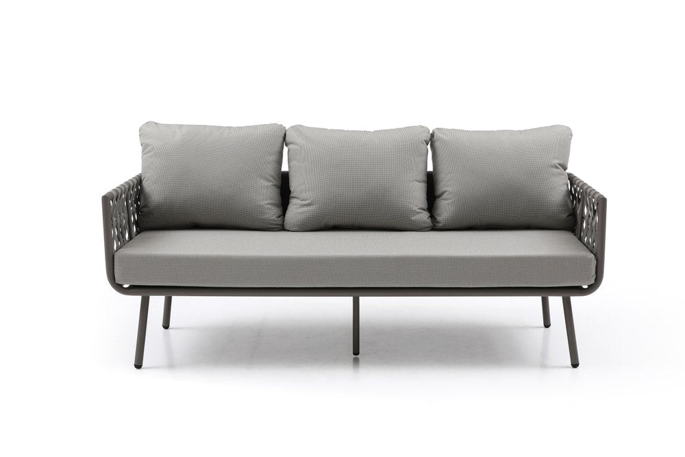 Four Piece Gray and Taupe Metal Upholstered Cushions Sofa Seating Group With Table