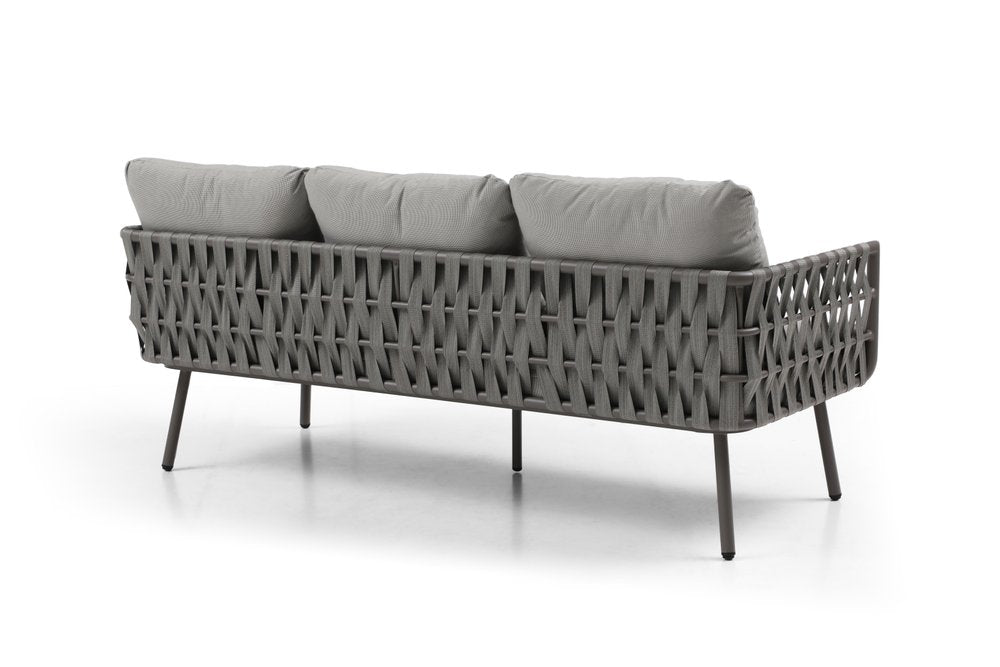 Four Piece Gray and Taupe Metal Upholstered Cushions Sofa Seating Group With Table