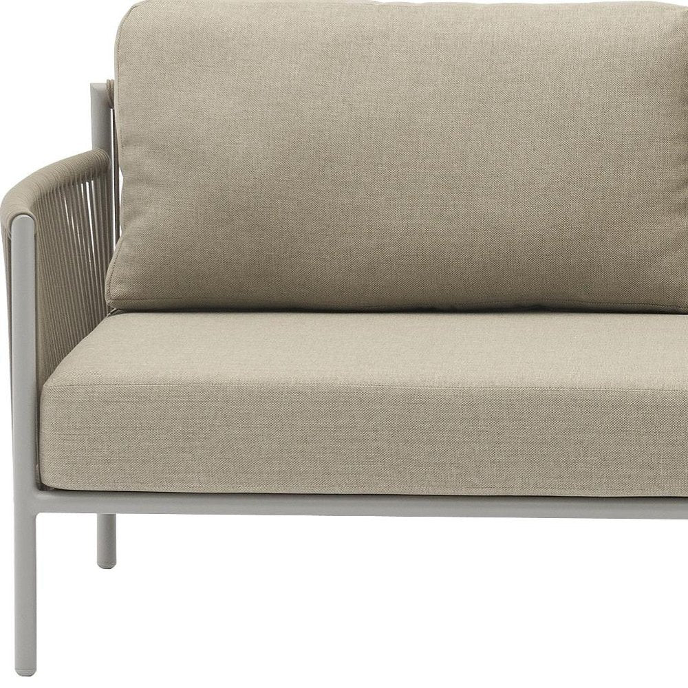 Four Piece Light Gray and Taupe Metal Upholstered Cushions Sofa Seating Group With Table