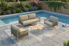 Four Piece Light Gray and Taupe Metal Upholstered Cushions Sofa Seating Group With Table