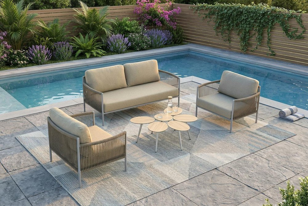 Four Piece Light Gray and Taupe Metal Upholstered Cushions Sofa Seating Group With Table