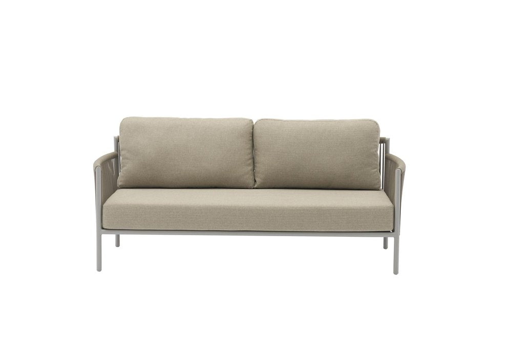Four Piece Light Gray and Taupe Metal Upholstered Cushions Sofa Seating Group With Table
