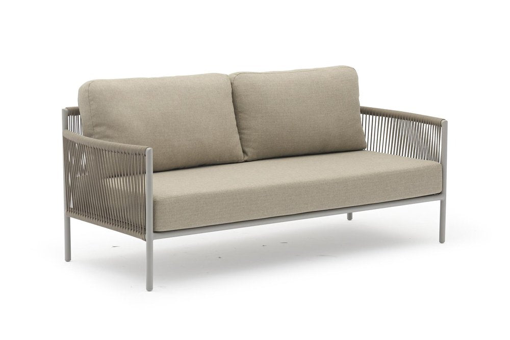 Four Piece Light Gray and Taupe Metal Upholstered Cushions Sofa Seating Group With Table
