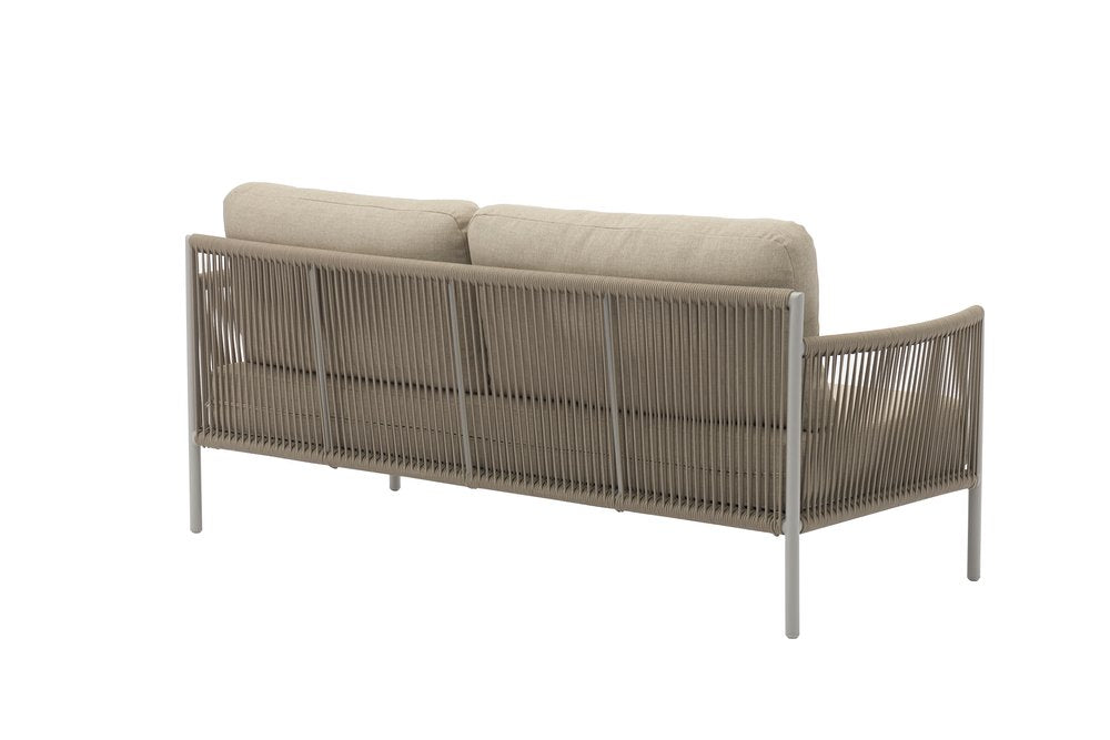 Four Piece Light Gray and Taupe Metal Upholstered Cushions Sofa Seating Group With Table