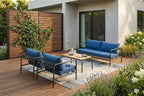 Four Piece Dark Gray and Blue Metal Upholstered Cushions Sofa Seating Group With Table
