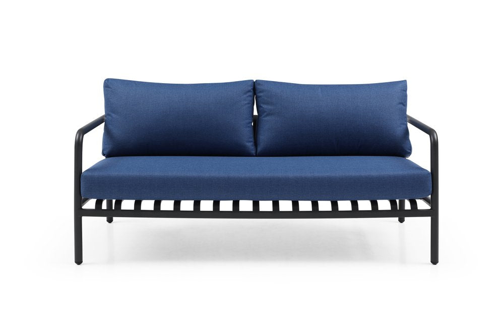 Four Piece Dark Gray and Blue Metal Upholstered Cushions Sofa Seating Group With Table