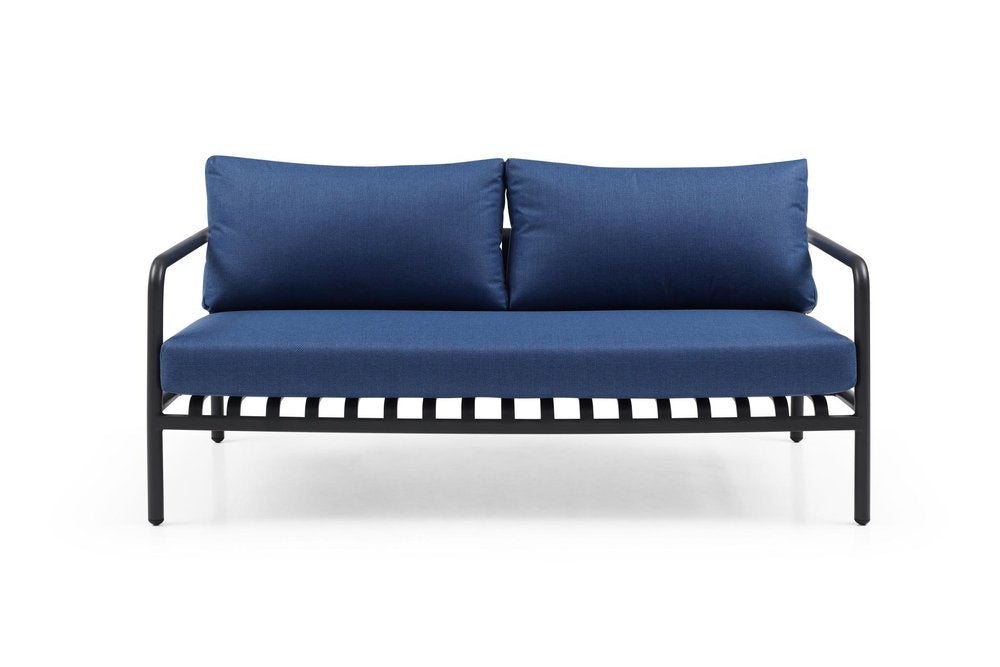 Four Piece Dark Gray and Blue Metal Upholstered Cushions Sofa Seating Group With Table