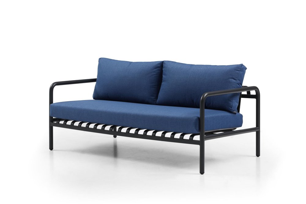 Four Piece Dark Gray and Blue Metal Upholstered Cushions Sofa Seating Group With Table