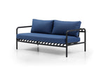 Four Piece Dark Gray and Blue Metal Upholstered Cushions Sofa Seating Group With Table