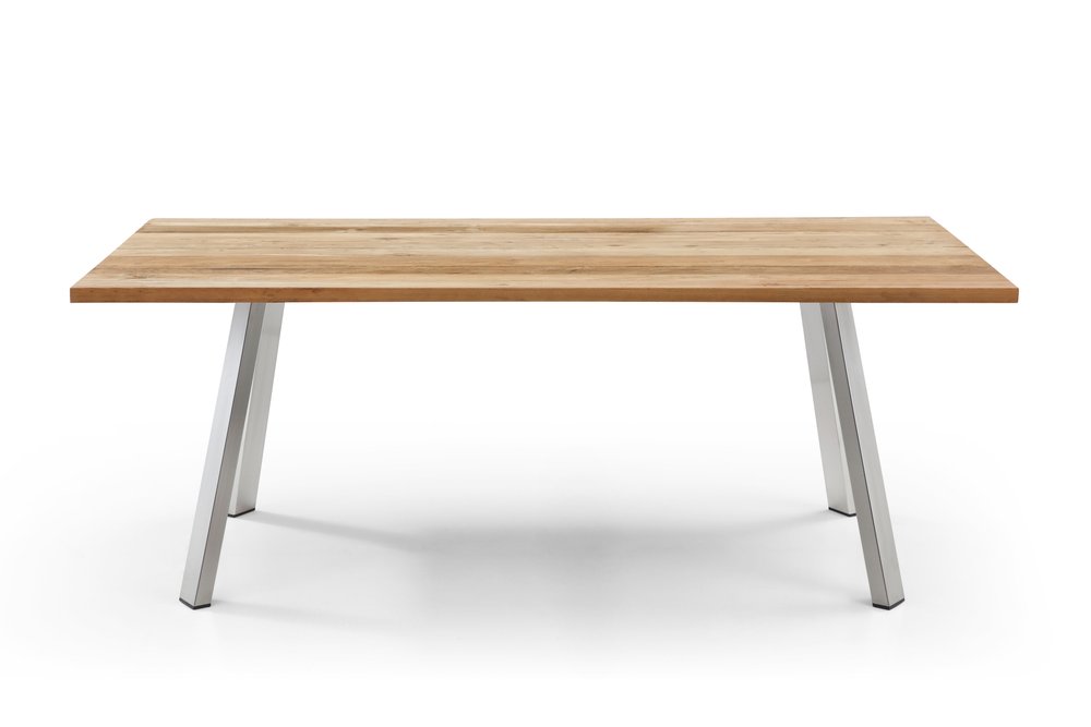 79" Natural and Silver Solid Wood and Stainless Steel Outdoor Dining Table