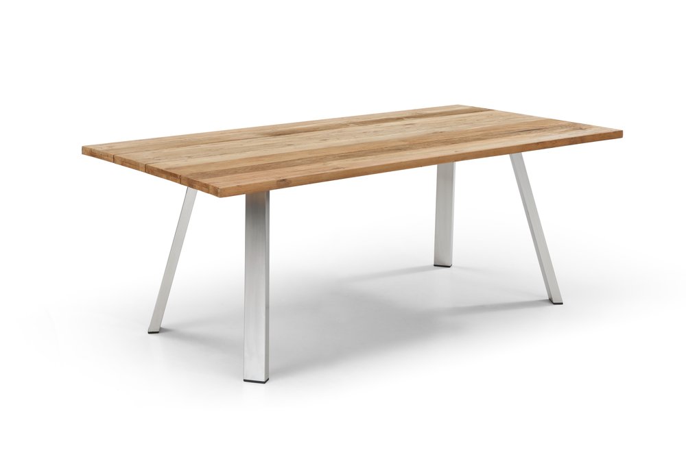 79" Natural and Silver Solid Wood and Stainless Steel Outdoor Dining Table