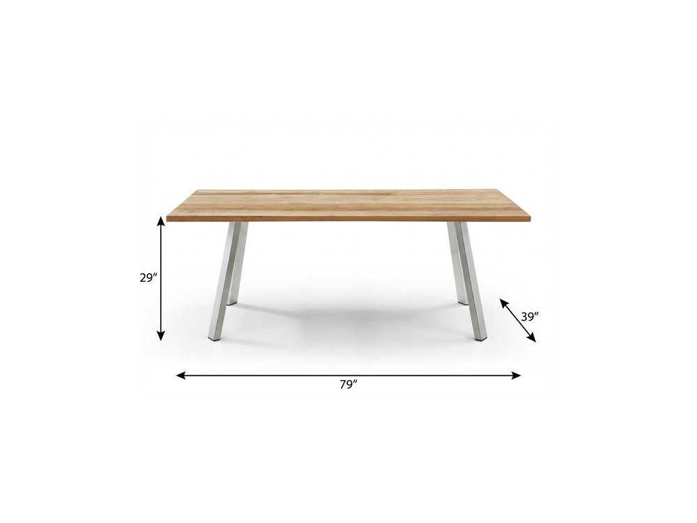 79" Natural and Silver Solid Wood and Stainless Steel Outdoor Dining Table
