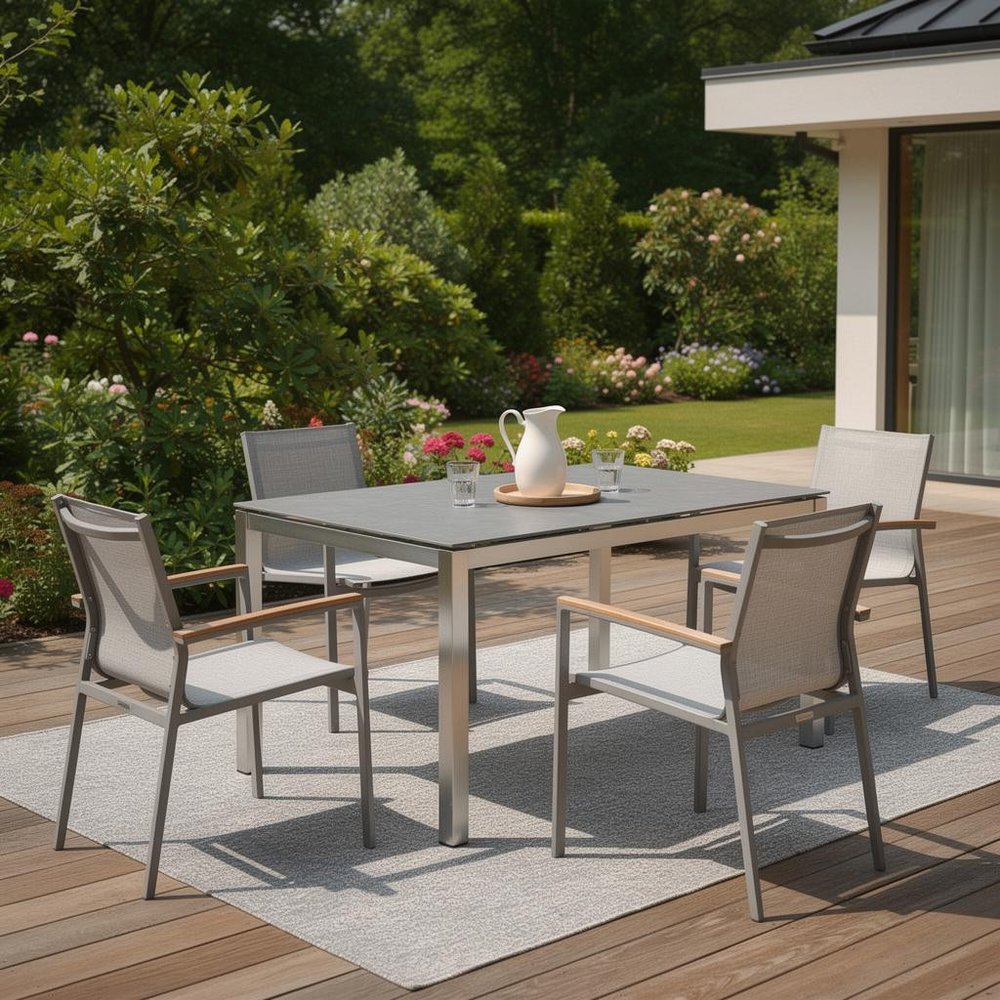 63" Dark Gray and Silver Ceramic Glass and Stainless Steel Outdoor Dining Table