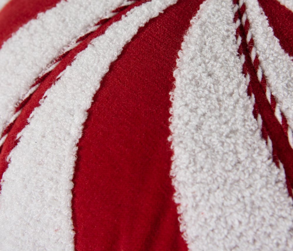 16" Red And White Cotton Velvet Round Christmas Striped Throw Pillow