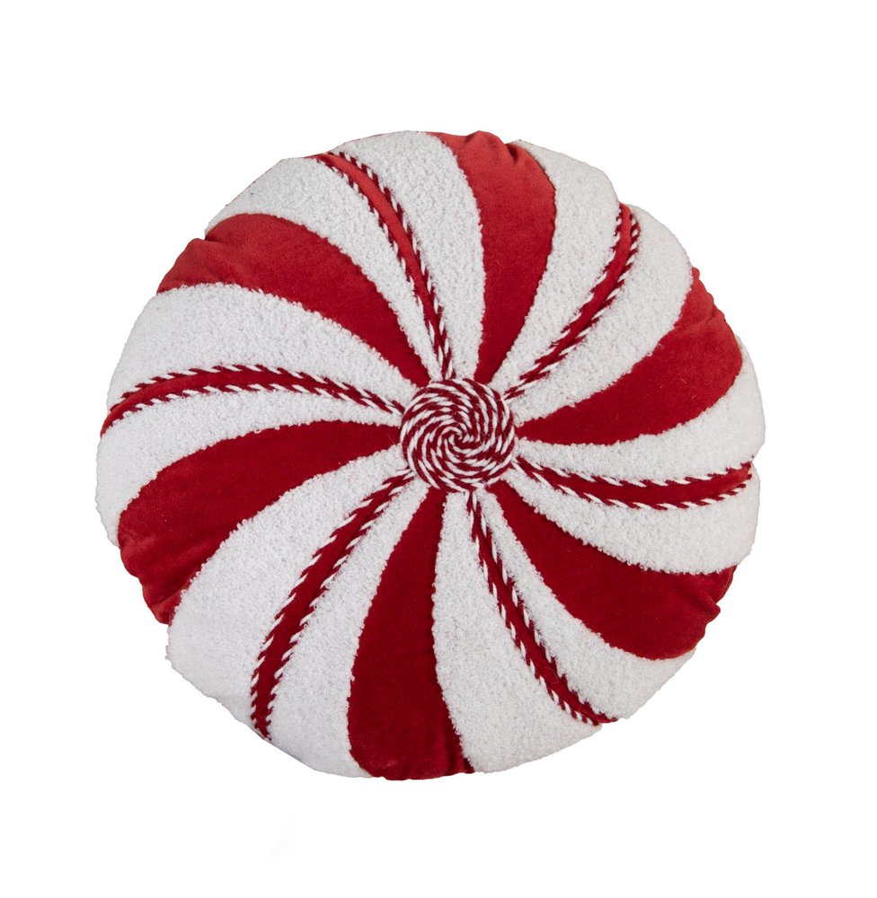 16" Red And White Cotton Velvet Round Christmas Striped Throw Pillow