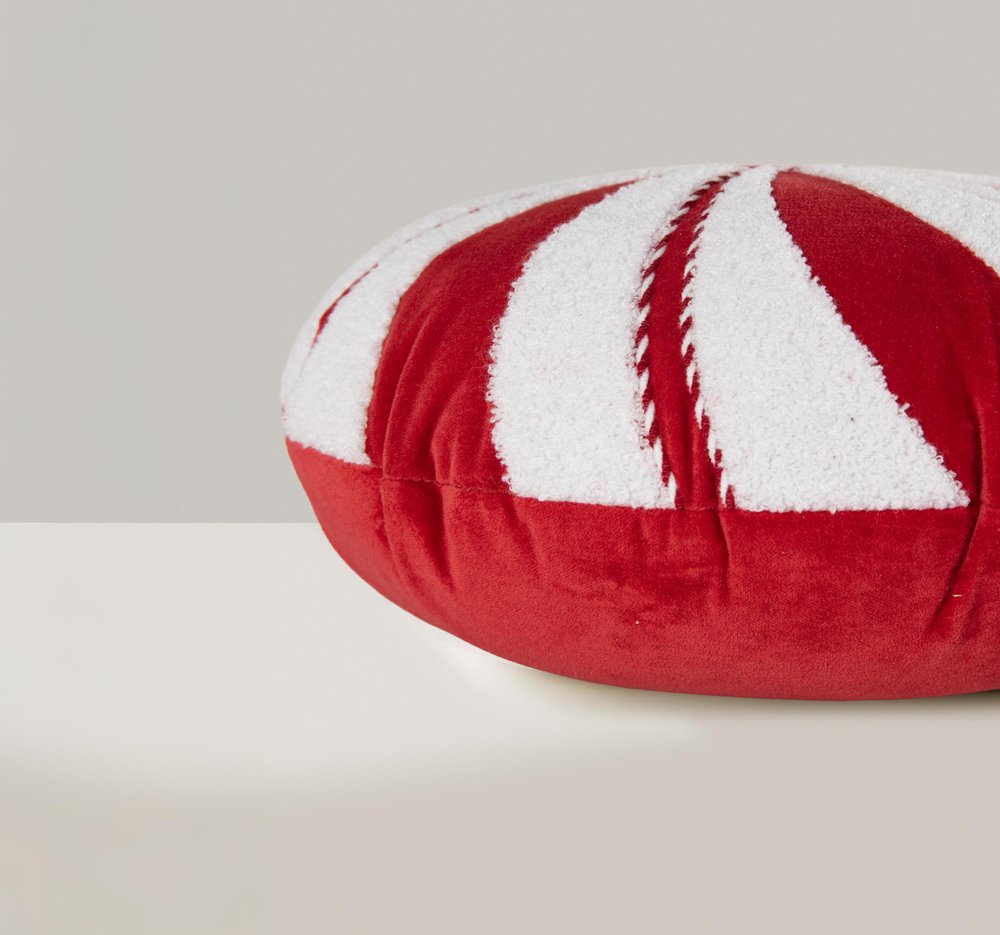 16" Red And White Cotton Velvet Round Christmas Striped Throw Pillow