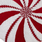 16" Red And White Cotton Velvet Round Christmas Striped Throw Pillow