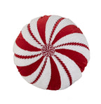 16" Red And White Cotton Velvet Round Christmas Striped Throw Pillow
