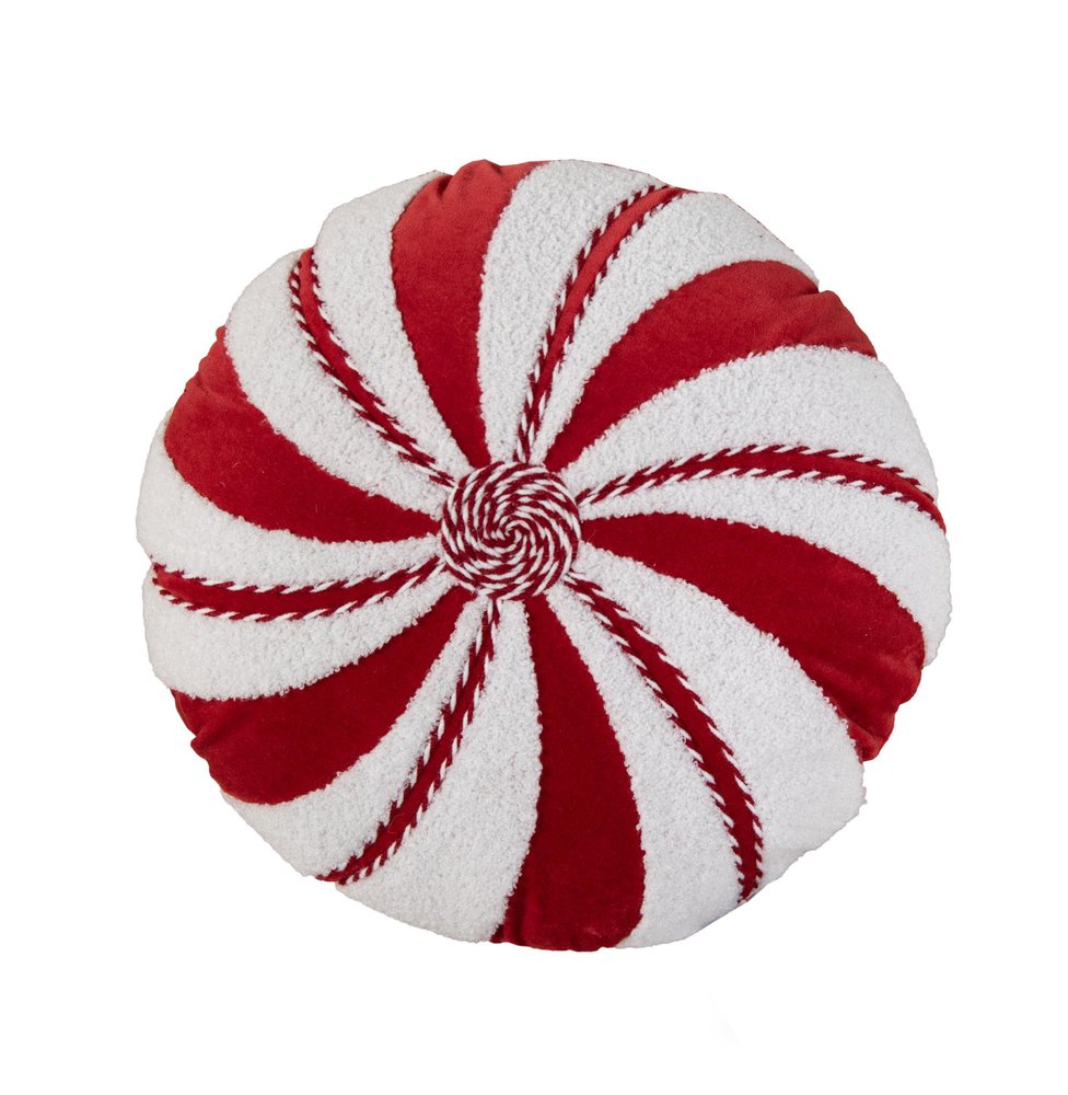 16" Red And White Cotton Velvet Round Christmas Striped Throw Pillow