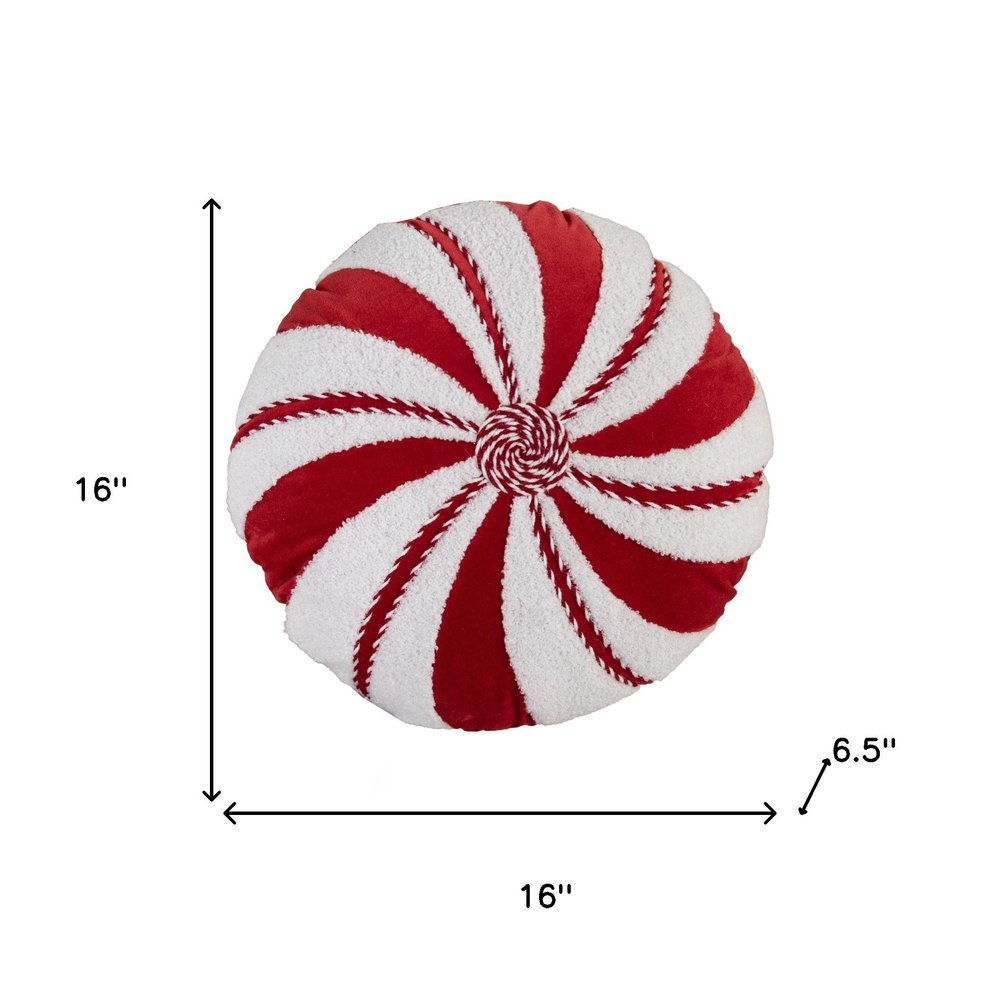 16" Red And White Cotton Velvet Round Christmas Striped Throw Pillow