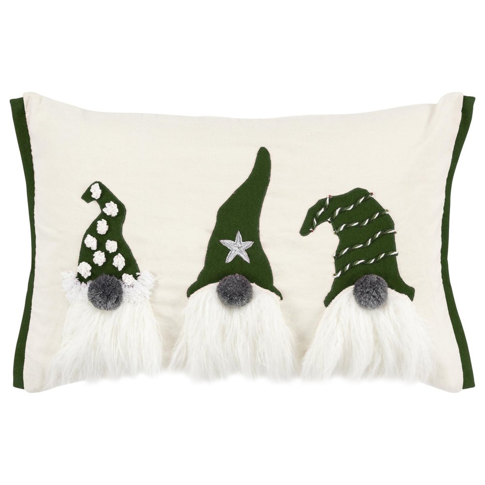 14" X 20" Green And Ivory Cotton Christmas Gnomes Throw Pillow With Embroidery