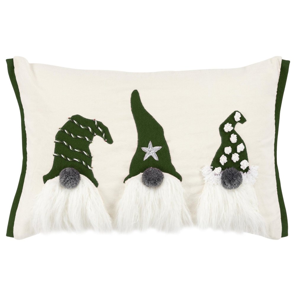 14" X 20" Green And Ivory Cotton Christmas Gnomes Throw Pillow With Embroidery