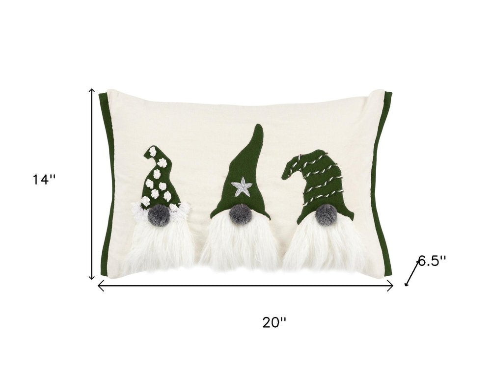 14" X 20" Green And Ivory Cotton Christmas Gnomes Throw Pillow With Embroidery