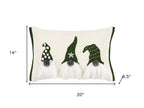 14" X 20" Green And Ivory Cotton Christmas Gnomes Throw Pillow With Embroidery