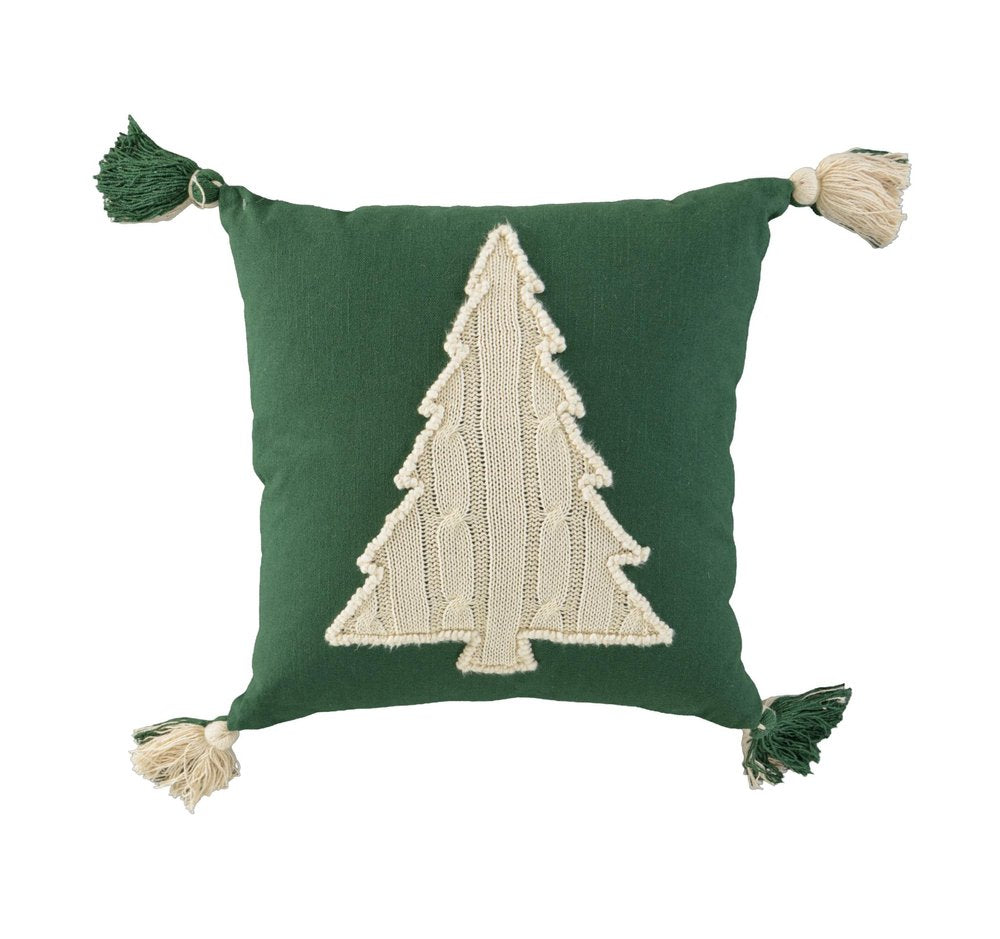 18" Green And Ivory Cotton Christmas Tree Throw Pillow with Tassels