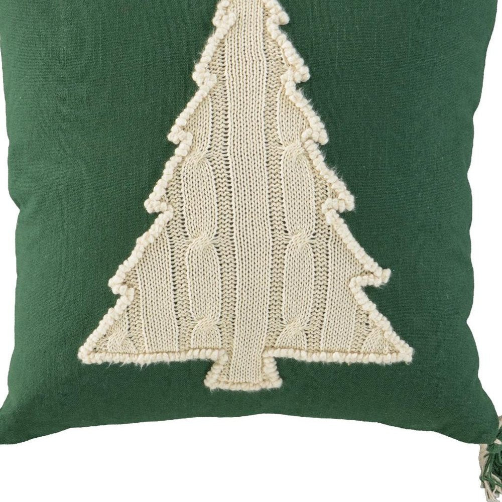 18" Green And Ivory Cotton Christmas Tree Throw Pillow with Tassels