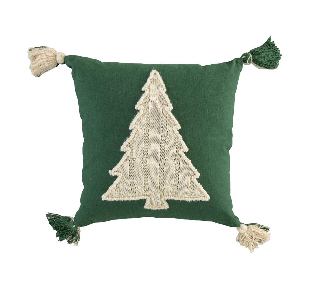 18" Green And Ivory Cotton Christmas Tree Throw Pillow with Tassels