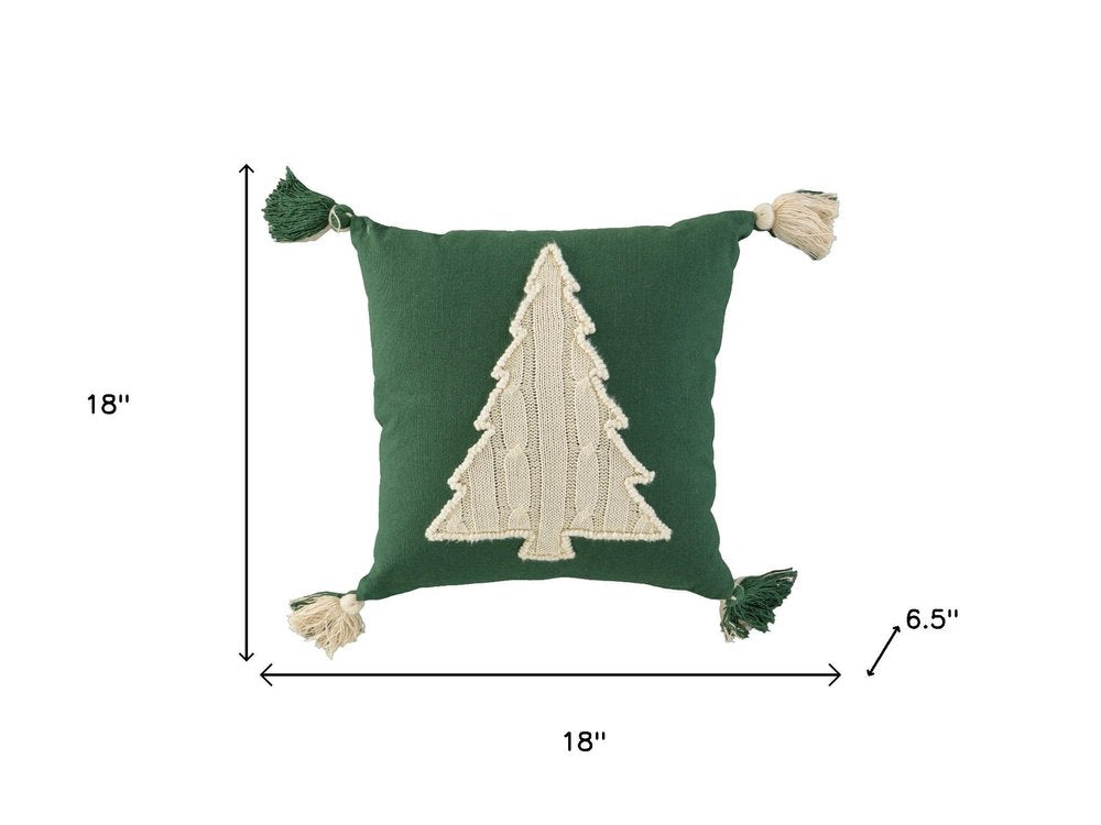 18" Green And Ivory Cotton Christmas Tree Throw Pillow with Tassels
