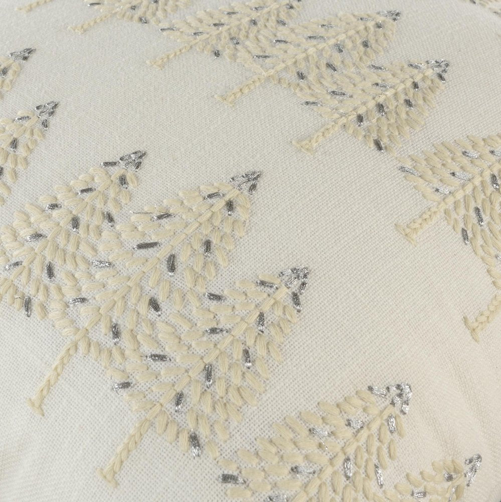 18" Ivory And Silver Cotton Christmas Trees Throw Pillow With Embroidery