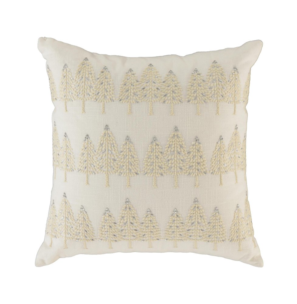18" Ivory And Silver Cotton Christmas Trees Throw Pillow With Embroidery