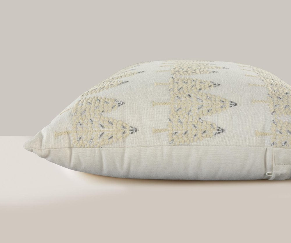 18" Ivory And Silver Cotton Christmas Trees Throw Pillow With Embroidery
