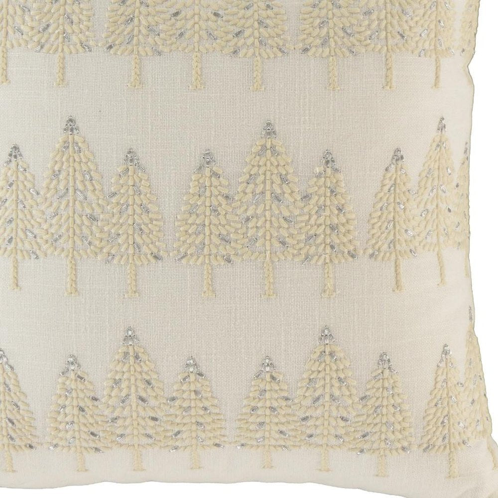 18" Ivory And Silver Cotton Christmas Trees Throw Pillow With Embroidery