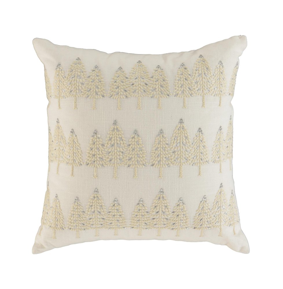 18" Ivory And Silver Cotton Christmas Trees Throw Pillow With Embroidery