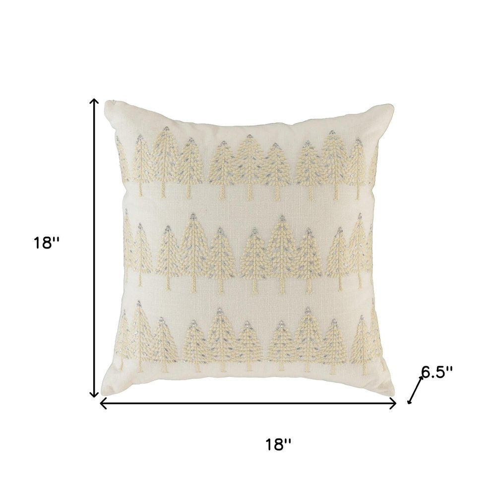 18" Ivory And Silver Cotton Christmas Trees Throw Pillow With Embroidery
