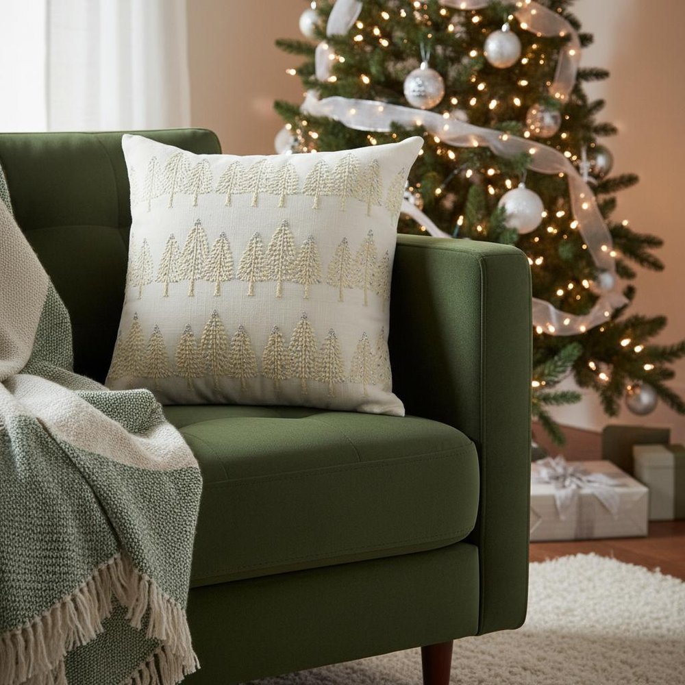 18" Ivory And Silver Cotton Christmas Trees Throw Pillow With Embroidery