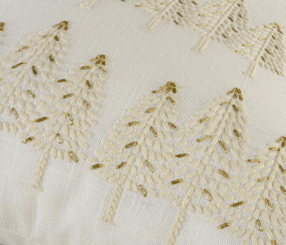 18" Ivory And Gold Cotton Christmas Trees Throw Pillow With Embroidery