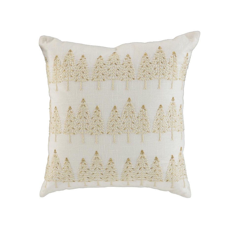 18" Ivory And Gold Cotton Christmas Trees Throw Pillow With Embroidery