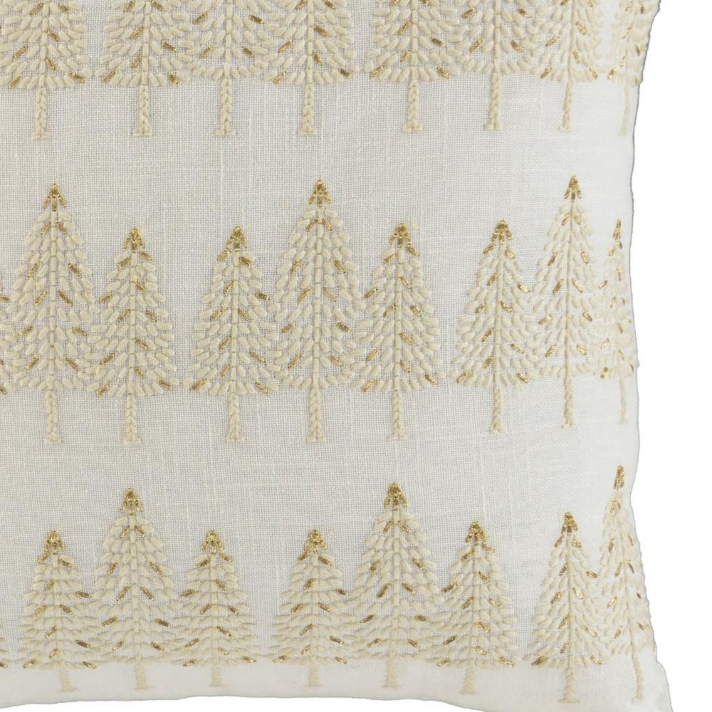 18" Ivory And Gold Cotton Christmas Trees Throw Pillow With Embroidery