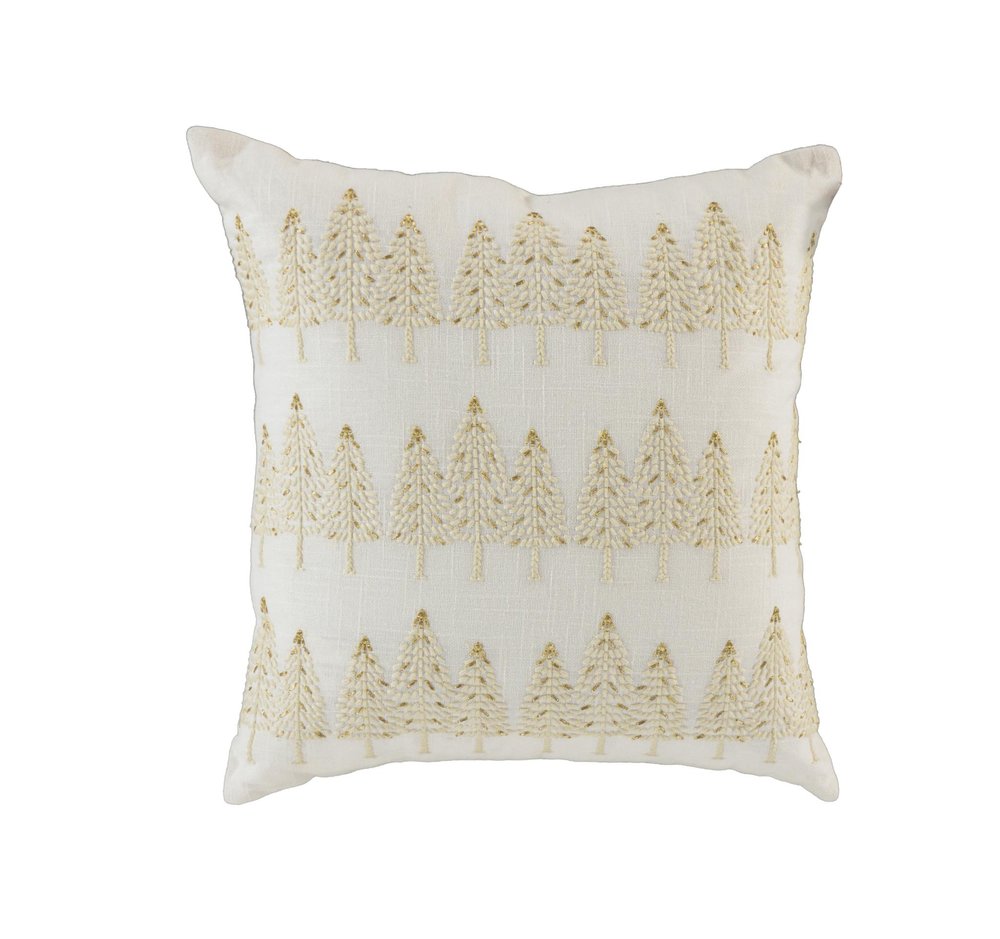 18" Ivory And Gold Cotton Christmas Trees Throw Pillow With Embroidery