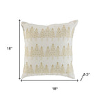 18" Ivory And Gold Cotton Christmas Trees Throw Pillow With Embroidery