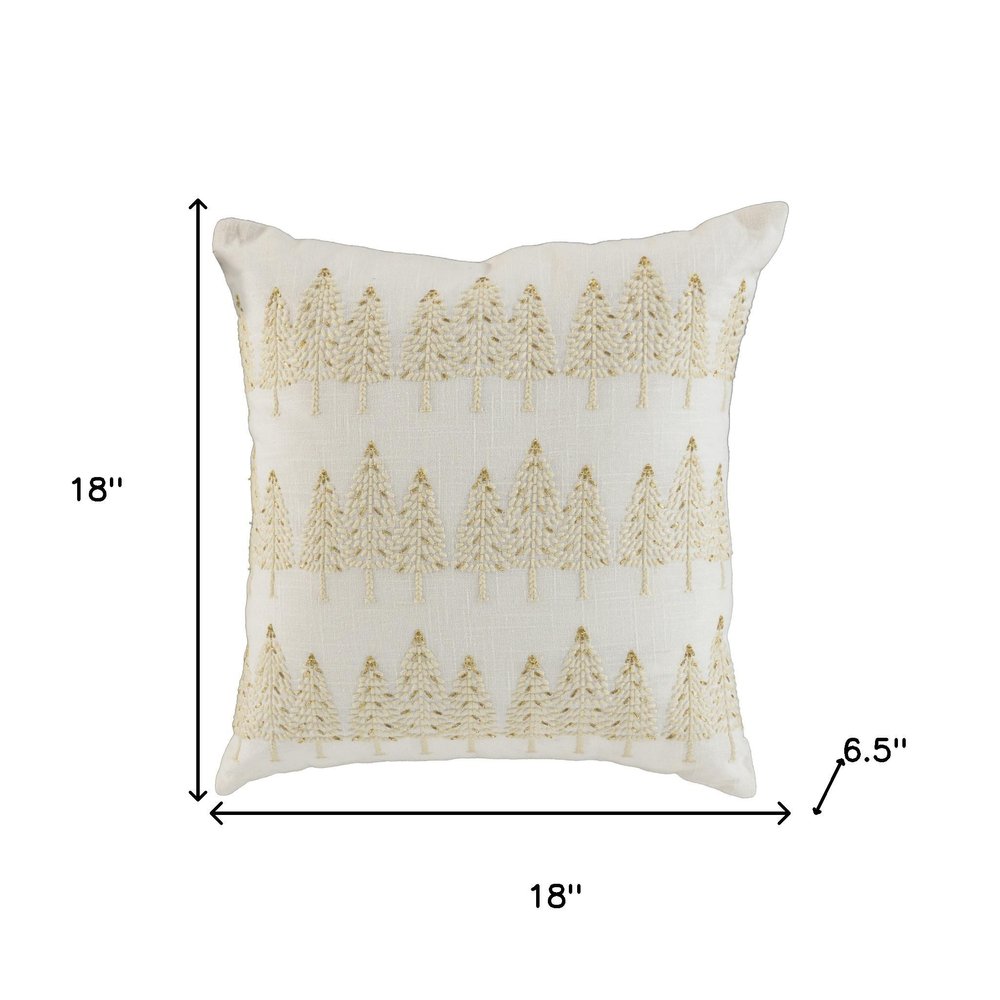 18" Ivory And Gold Cotton Christmas Trees Throw Pillow With Embroidery