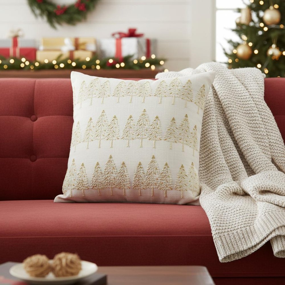 18" Ivory And Gold Cotton Christmas Trees Throw Pillow With Embroidery