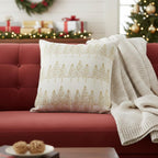 18" Ivory And Gold Cotton Christmas Trees Throw Pillow With Embroidery